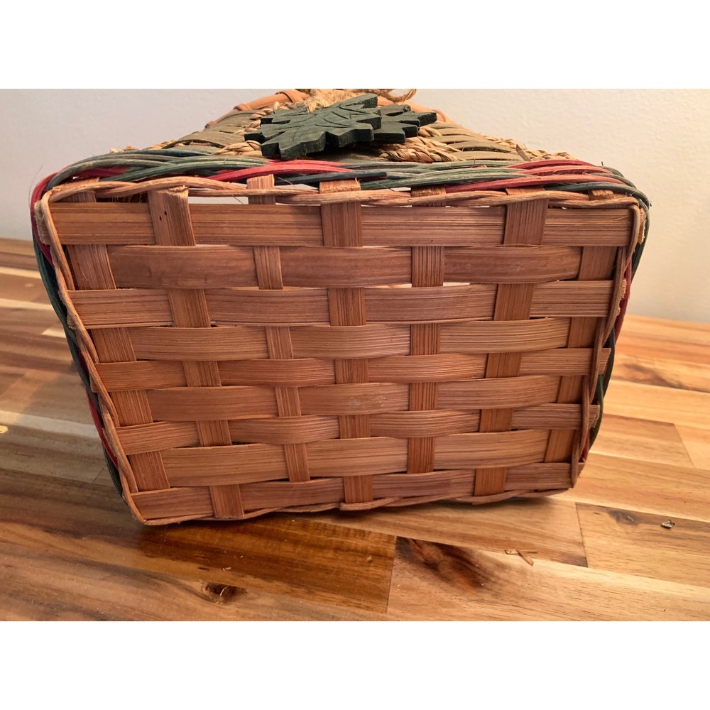 Handmade Rustic Basket with Handle and Wooden Leaf Accents Rustic Decor Woven - Picture 4 of 6